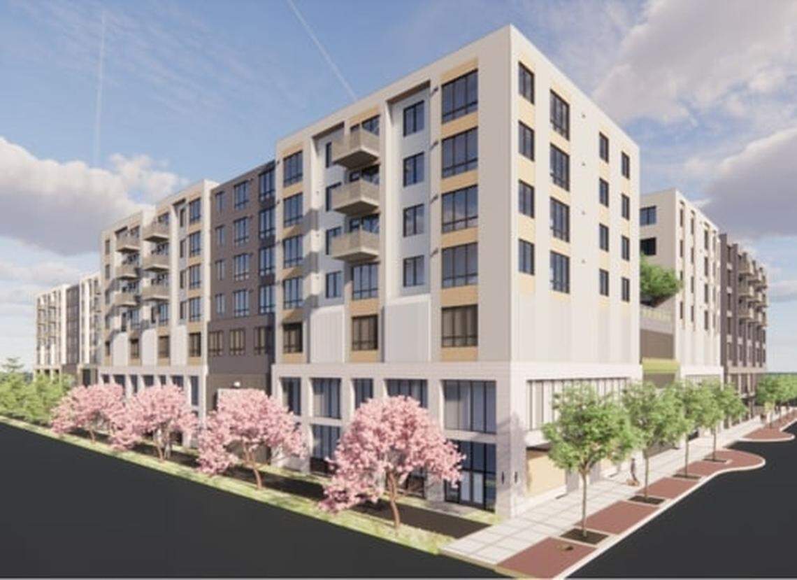 A architect’s rendering showing the 350-apartment complex, Union 93, going up in downtown Meridian near City Hall.