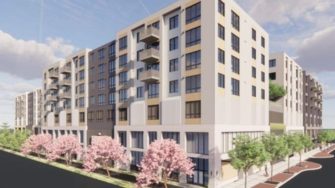 A architect’s rendering showing the 350-apartment complex, Union 93, going up in downtown Meridian near City Hall.