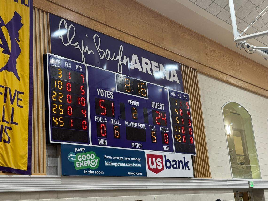 New signage above the scoreboards at the College of Idaho’s J.A. Albertson Activities Center show the arena’s new name: Elgin Baylor Arena.