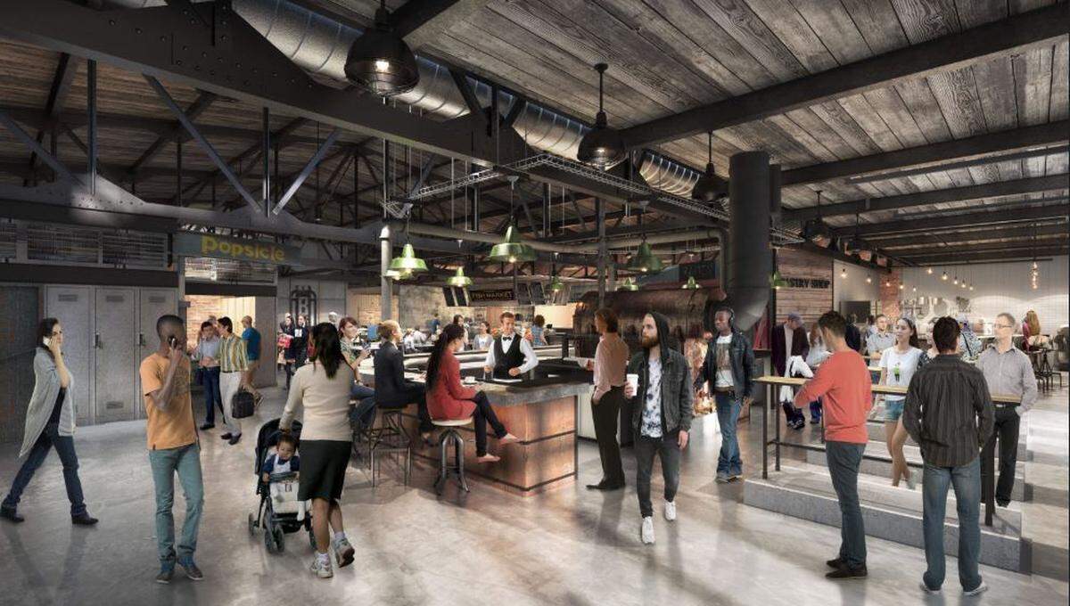 An artist’s rendering of The Garage Food Hall under construction in Indianapolis shows how 26 restaurants and bars will be located in a large open space. Hendricks Commercial Properties proposes something similar at its BoDo building in downtown Boise.