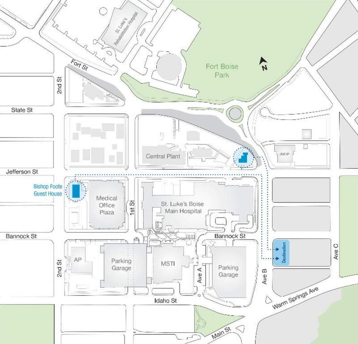 A map of the St. Luke’s Medical Center campus shows where the Fred Reiger house, upper right, and the Bishop Foote Guest House, upper left, will be moved to a hospital-owned lot on Avenue B at West Bannock Street.