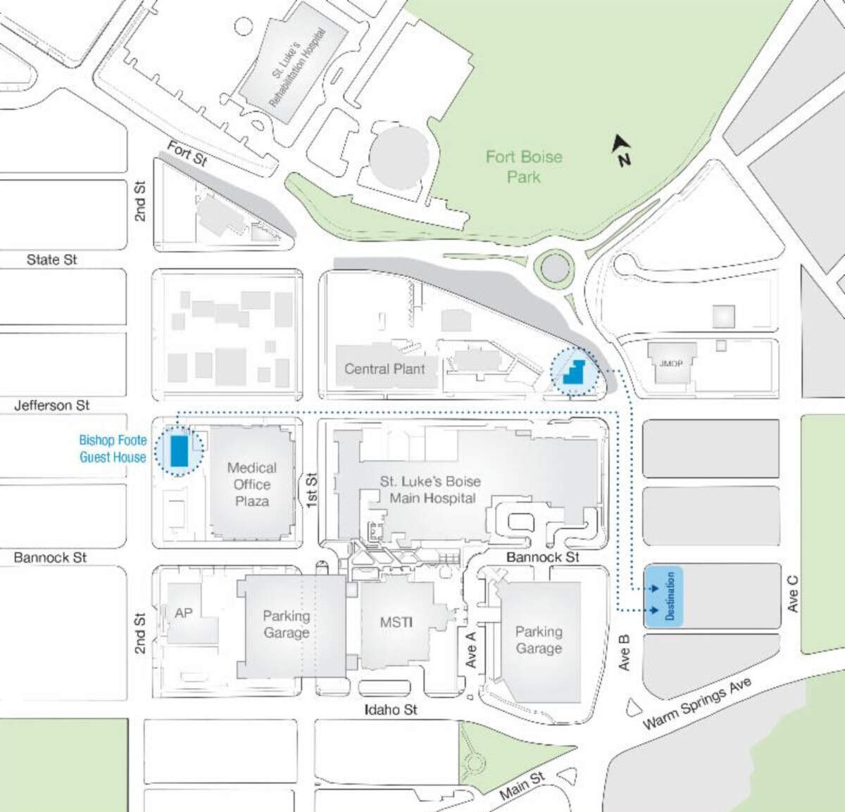 A map of the St. Luke’s Medical Center campus shows where the Fred Reiger house, upper right, and the Bishop Foote Guest House, upper left, will be moved to a hospital-owned lot on Avenue B at West Bannock Street.