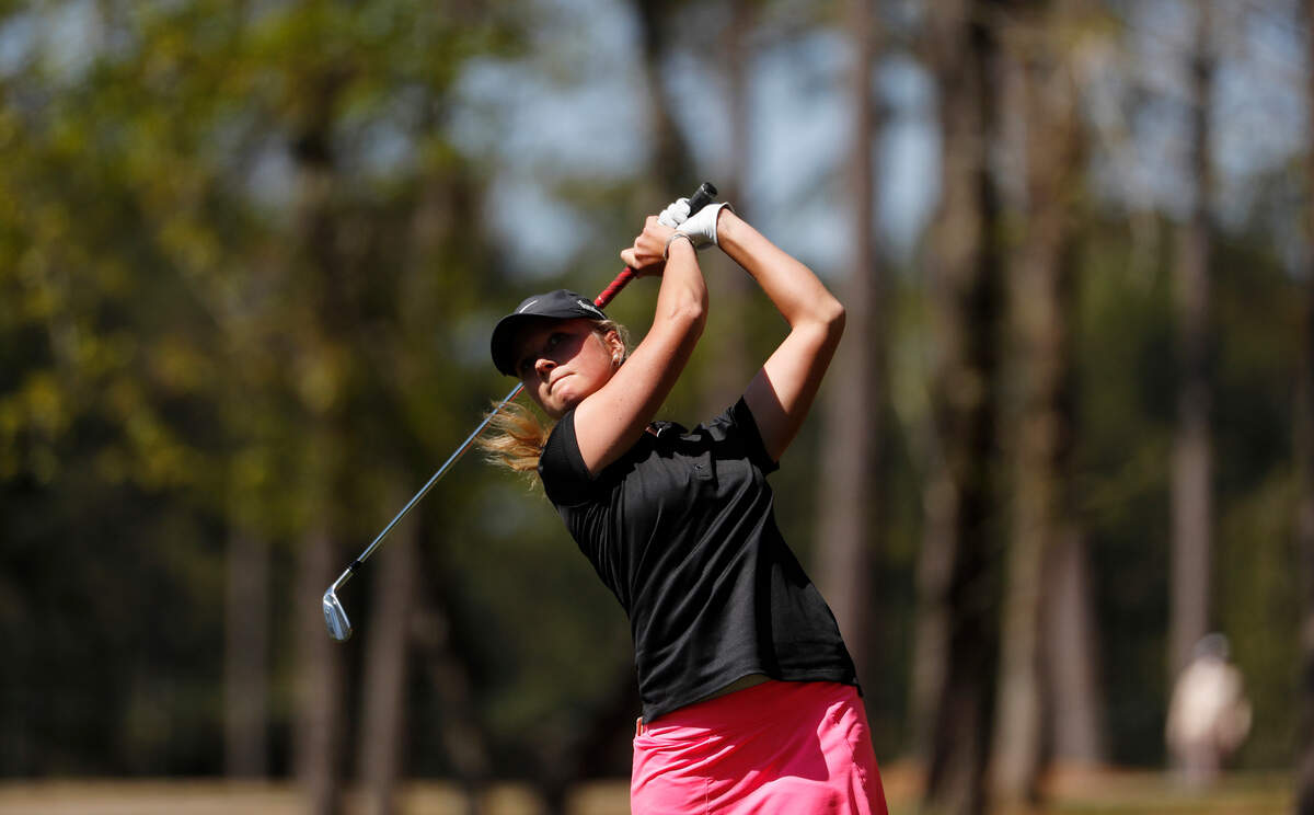 Sophie Hausmann, of Germany, hits off the 11th fairway during the first round of the Augusta National Women’s Amateur golf tournament at Champions Retreat in Evans, Ga., Wednesday, April 3, 2019. (AP Photo/David Goldman)