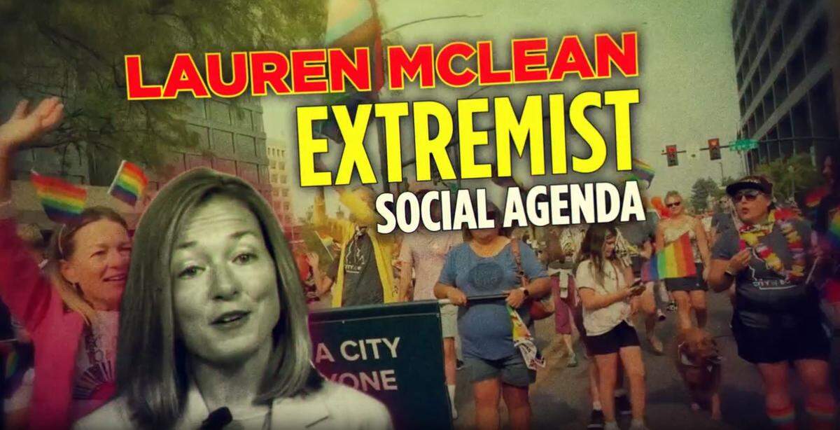 A screenshot of the Building Industry Group Treasure Valley ad shows Boise Mayor Lauren McLean at a local Pride parade.