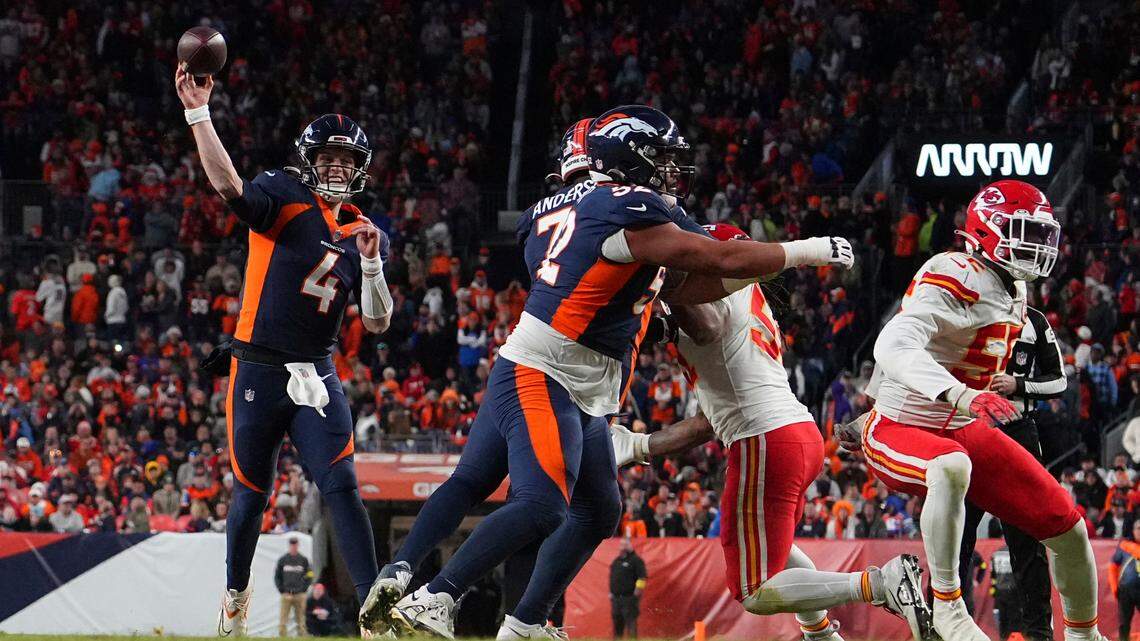 Former Boise State quarterback Brett Rypien delivers a pass Sunday in the Denver Broncos’ loss to the Kansas City Chiefs. Rypien will start for the Broncos this weekend.