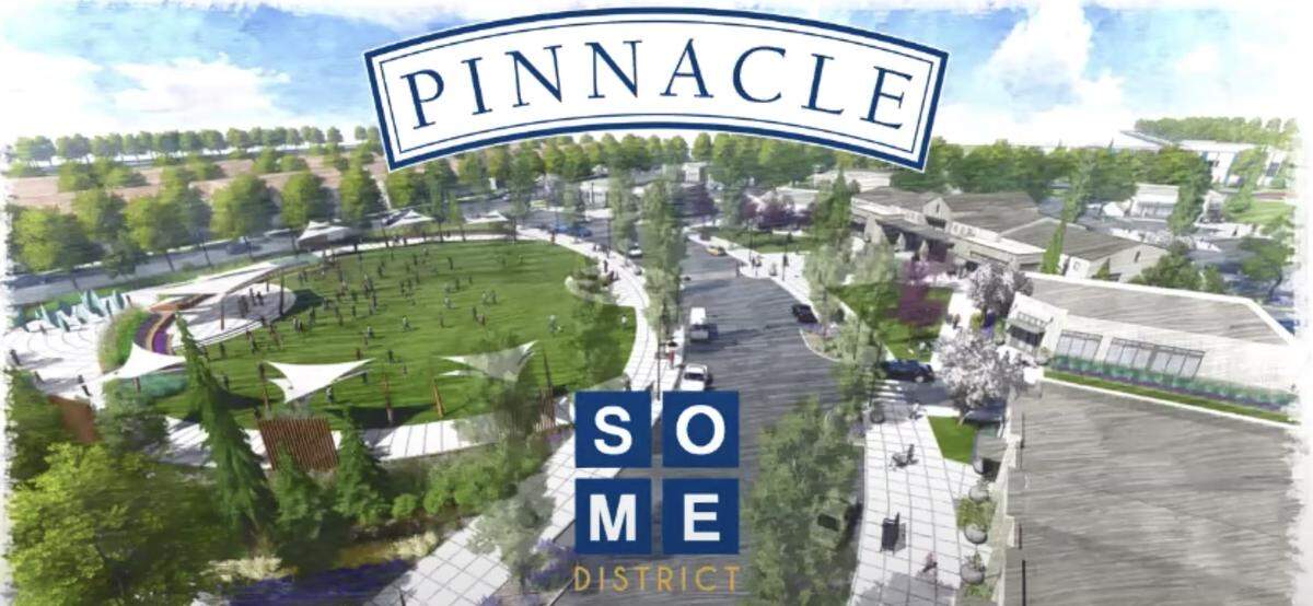 Jon Wardle, Brighton Corp.’s president of development said he wants Pinnacle to be a part of creating a new identity for South Meridian. He called the new area they are creating Meridian’s “SoMe” district, which stands for South Meridian. Here, at the northwest corner of Locust Grove and Lake Hazel Road, Brighton plans to build a public amphitheater, left, and a community center, top right. Other stores and restaurants will eventually be built, too.