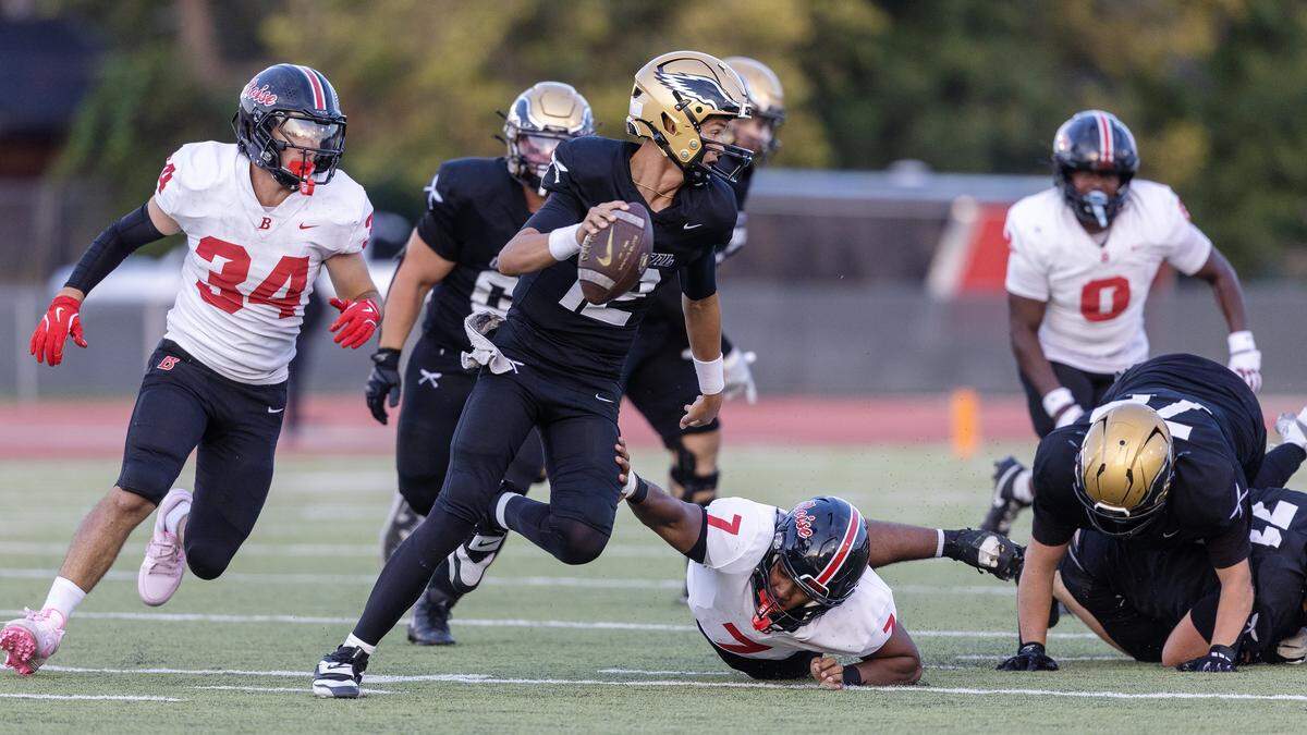 Capital quarterback senior Brayden Dudley moves the ball forward during their game against Boise at Dona Larsen Park, Thursday, Aug. 28, 2025.