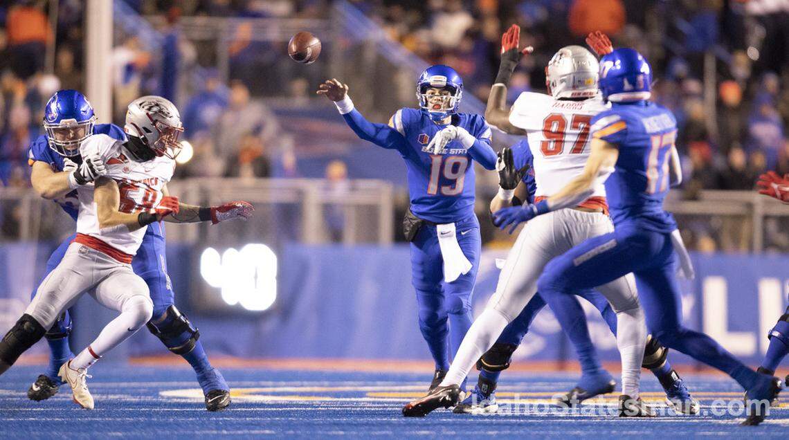 Boise State quarterback Hank Bachmeier throws a pass against the New Mexico during the first half of the game at Albertsons Stadium. Boise State leads New Mexico 24-0 at the half Saturday November, 20, 2021.
