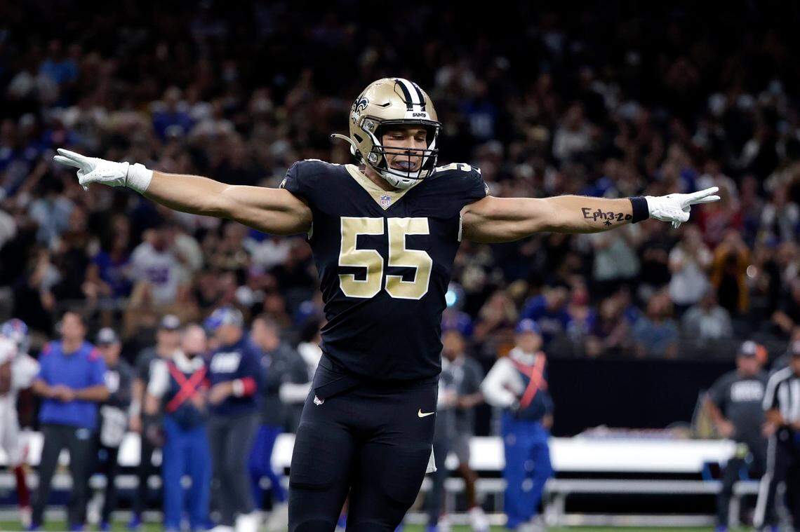New Orleans Saints linebacker Kaden Elliss reacts to a defensive stop in the first half of the Saints’ 27-21 overtime loss to the New York Giants on Sunday in New Orleans.