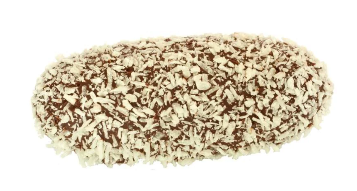 The Idaho Spud Bar is made of marshmallow encased in dark chocolate and a heavy layer of coconut bits.