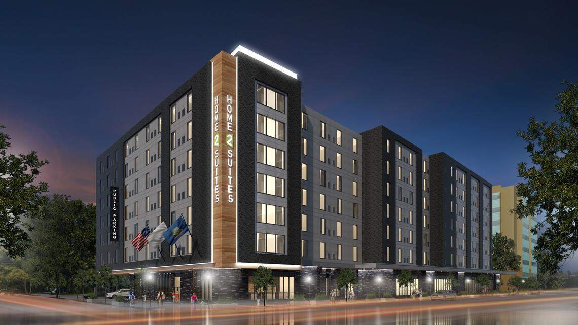 Raymond Management Co. of Middleton, Wisconsin, will own and operate the Home2 Suites by Hilton on Front Street between 5th and 6th streets. Boise developer Clay Carley would own and operate an attached 550-stall garage, hidden in this artist’s rendering by the hotel’s L shape..