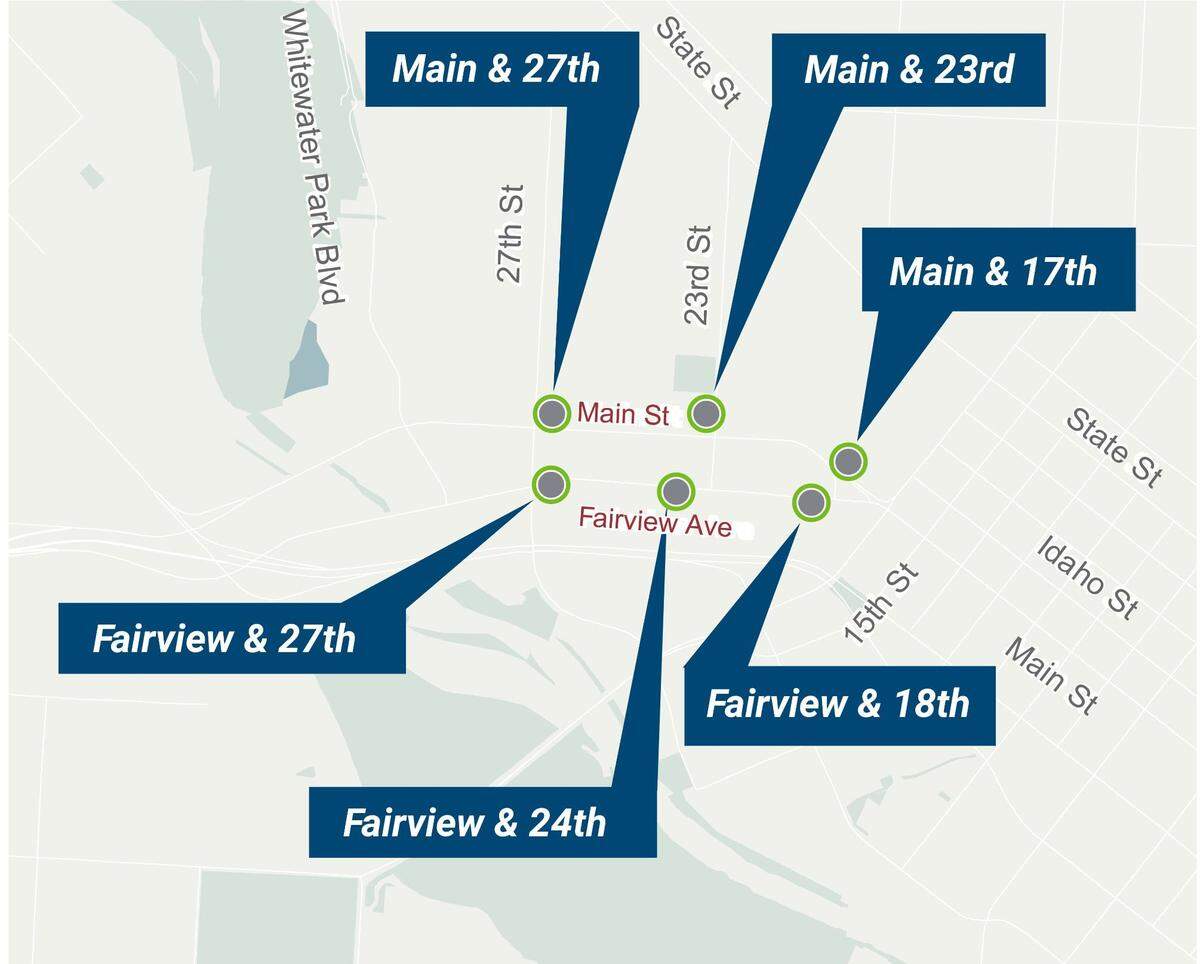 A map shows the location of the six bus stops in the Capital City Development Corp.’s transit station project along Main Street and Fairview Avenue between 17th and 27th steets.