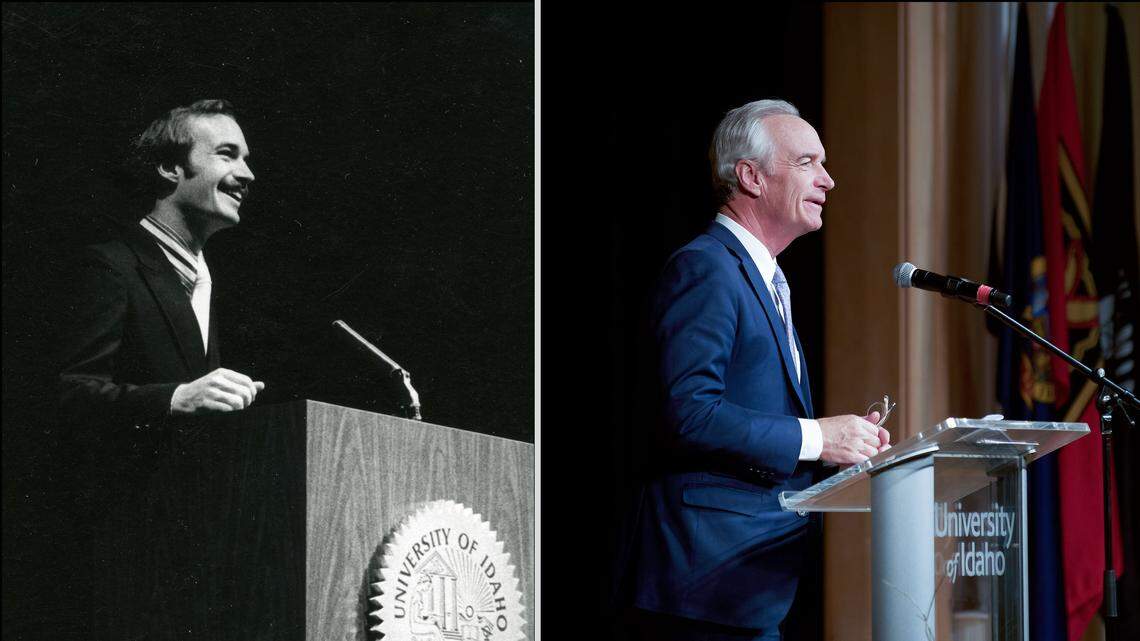 At the lectern: Former Gov. Dirk Kempthorne, as the University of Idaho student body president in 1975, left. He returned to his alma mater 42 years later to speak at the school’s commencement dinner in May 2017 in the U of I International Ballroom the night before receiving an honorary doctorate of administrative science.