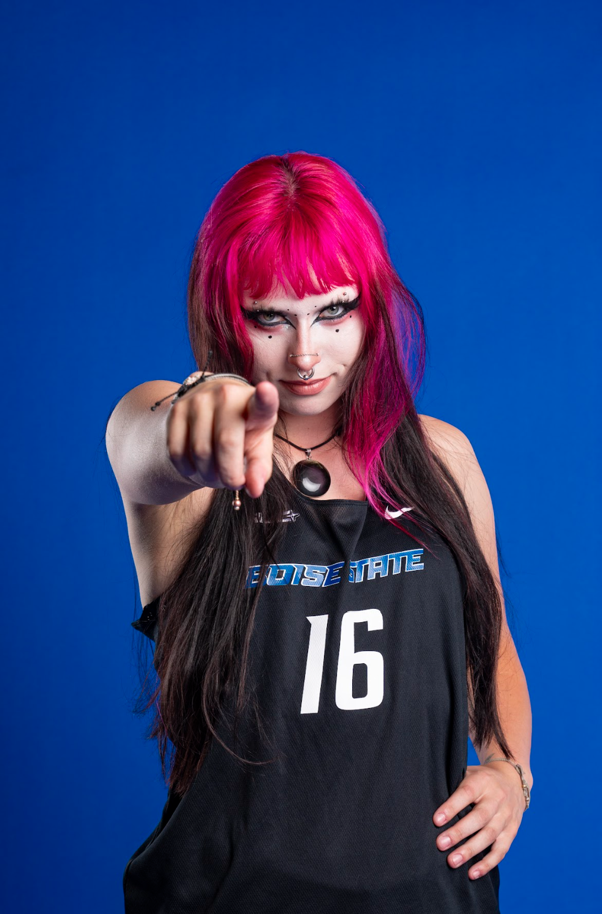 Boise State beach volleyball’s Nora Hayd poses in her now iconic makeup.