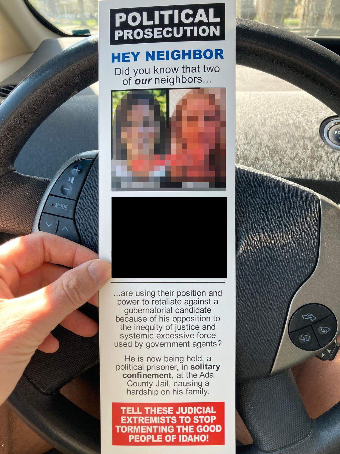 Activists created fliers releasing the personal information of a judge and prosecutor involved in Ammon Bundy’s contempt of court case last week. The flyer has been edited to obscure personal information.