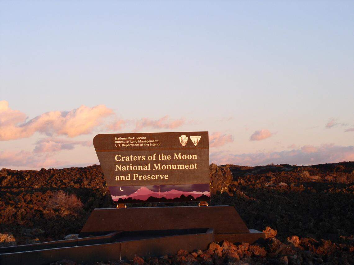 An entrance sign greets visitors at Craters of the Moon National Monument and Preserve near Arco, Idaho.