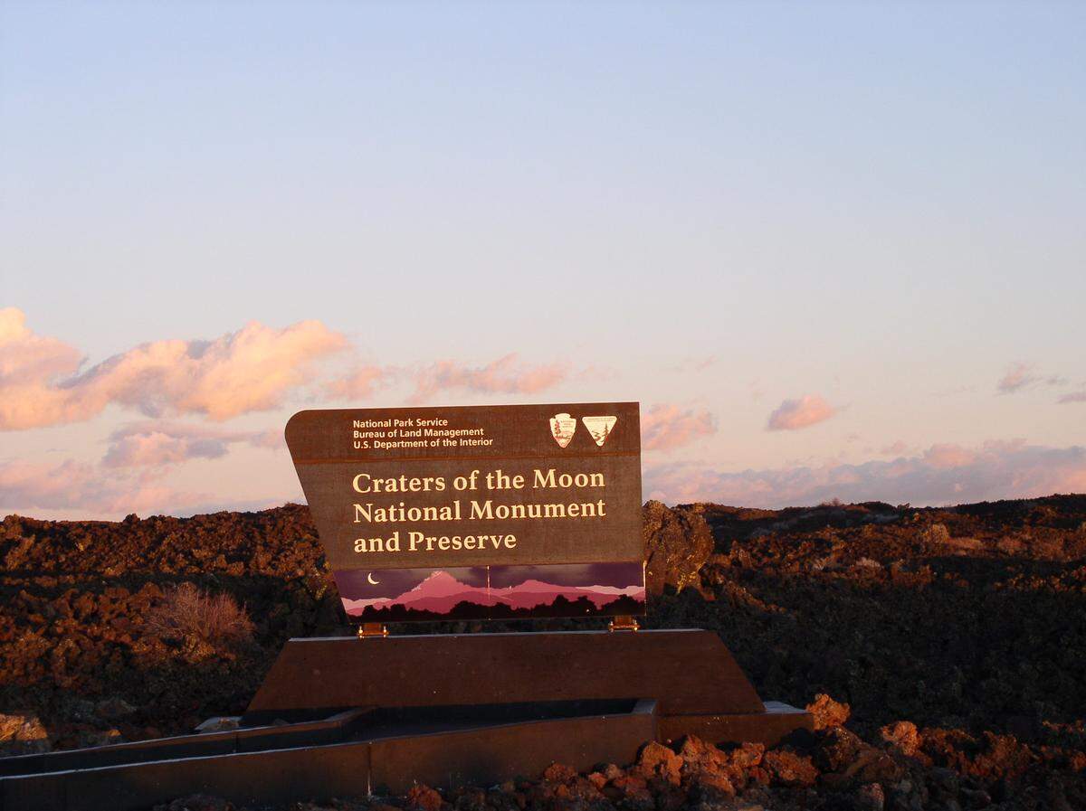 An entrance sign greets visitors at Craters of the Moon National Monument and Preserve near Arco, Idaho.