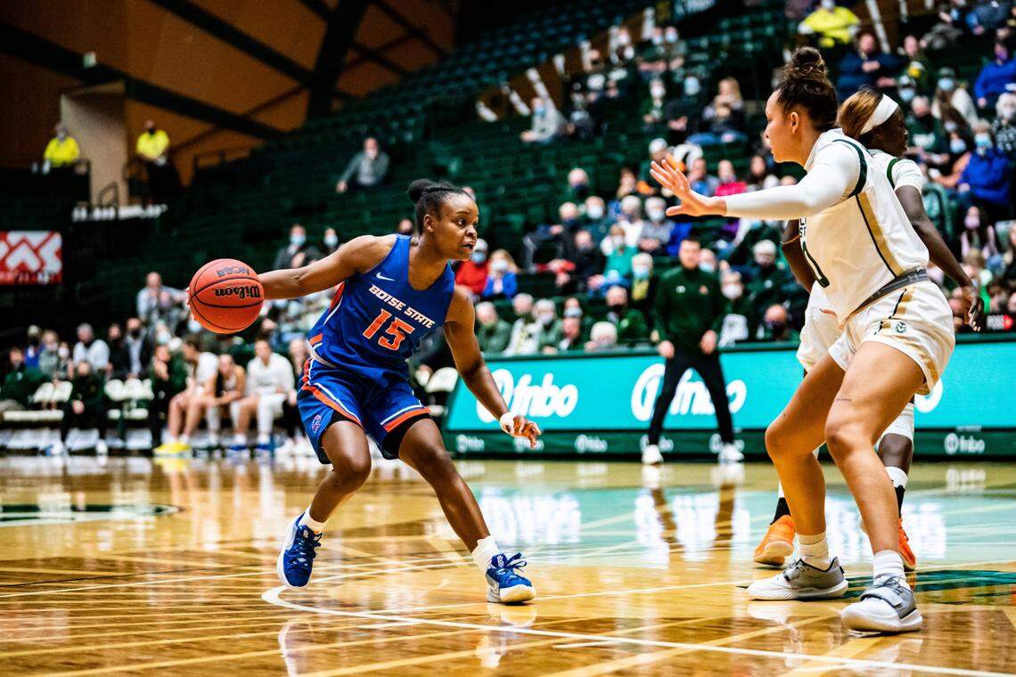 Dominique Leonidas, left, was one of four Boise State women’s basketball players to score in double figures in an 81-77 loss to Colorado State on Tuesday at Moby Arena in Fort Collins, Colorado.