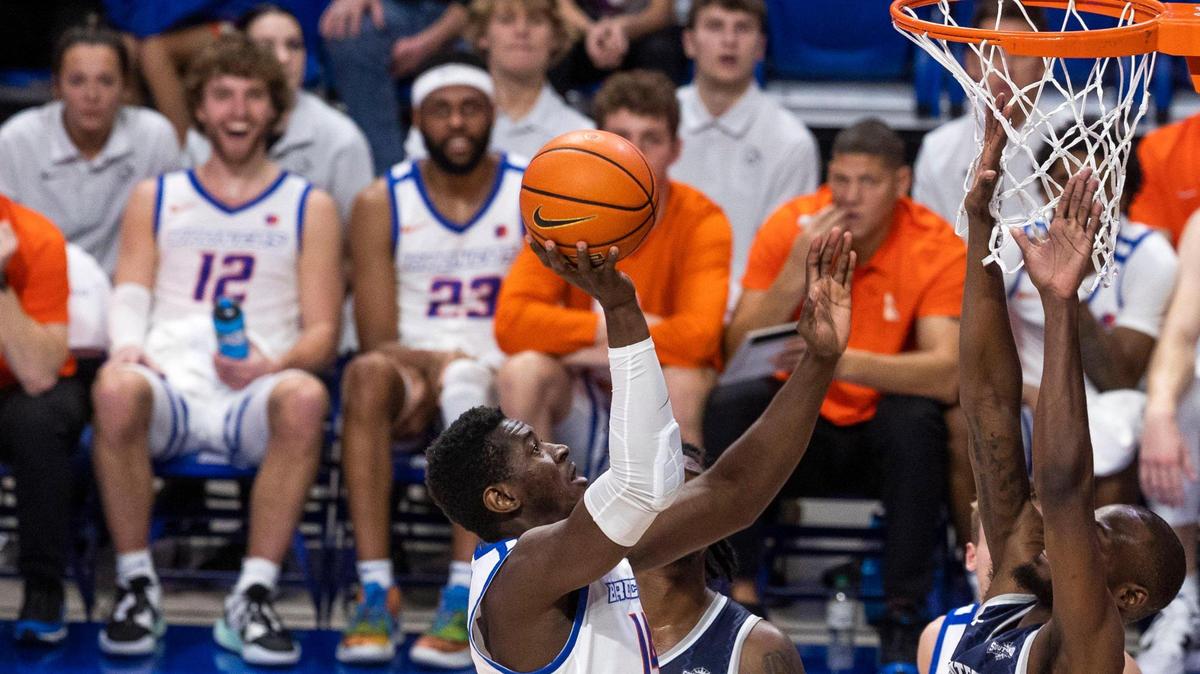 Boise State center Mohamed Sylla puts two points on the scoreboard in the Broncos’ 91-50 win over New Orleans on Dec. 13 at ExtraMile Arena in Boise.
