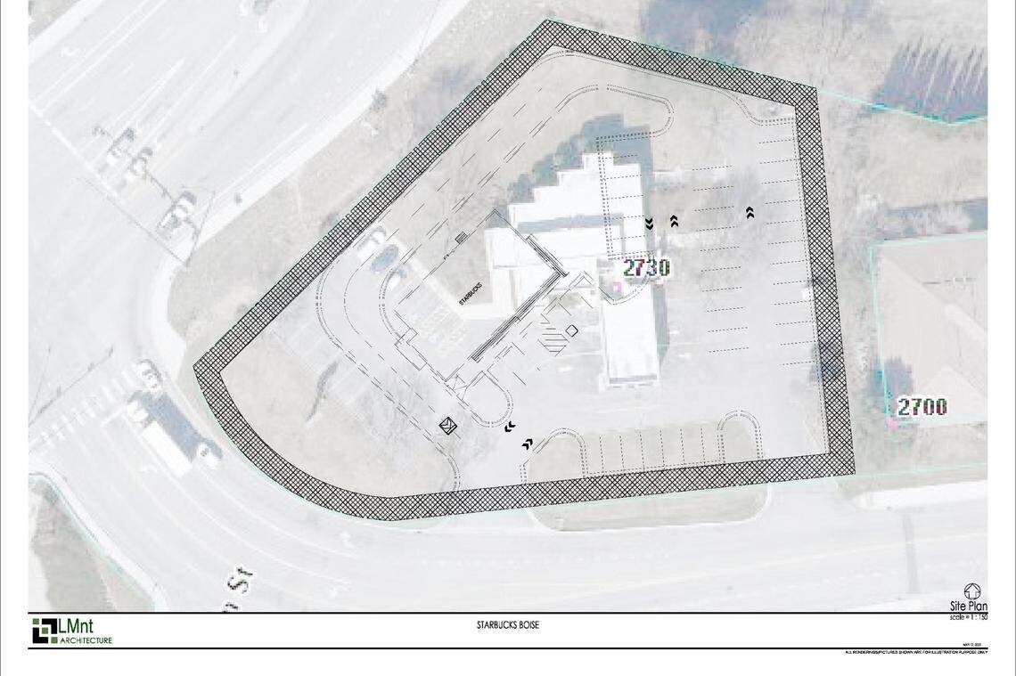 This site plan shows a proposed Starbucks at 2730 W. Airport Way near the Boise Airport. According to a pre-application conference summary, the coffee shop would have a drive-thru and a “park and ride component” to help people get to the airport.
