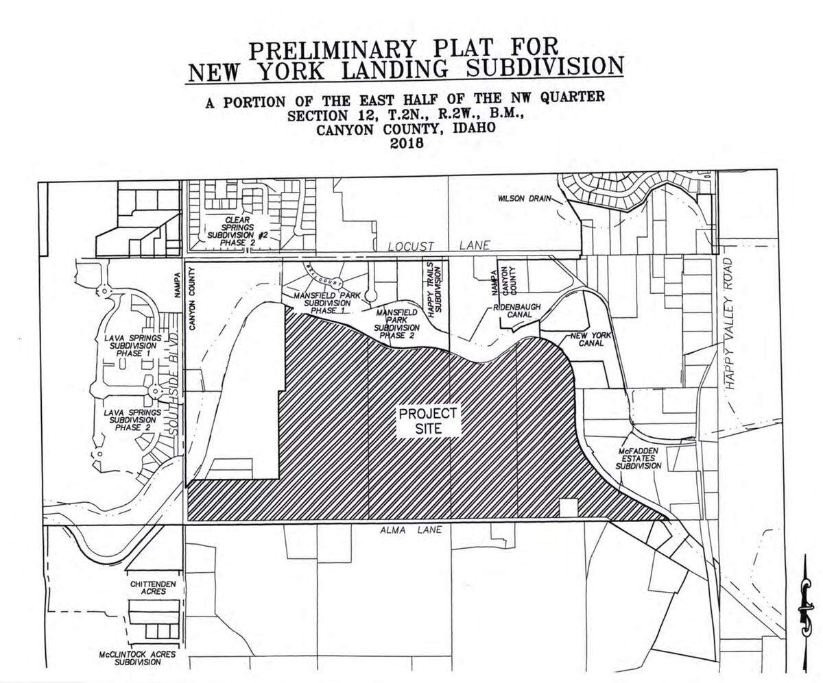 A preliminary plat for the proposed New York Landing Subdivision along Alma Lane and south of the New York Canal between Happy Vally Road and Southside Boulevard in Nampa.