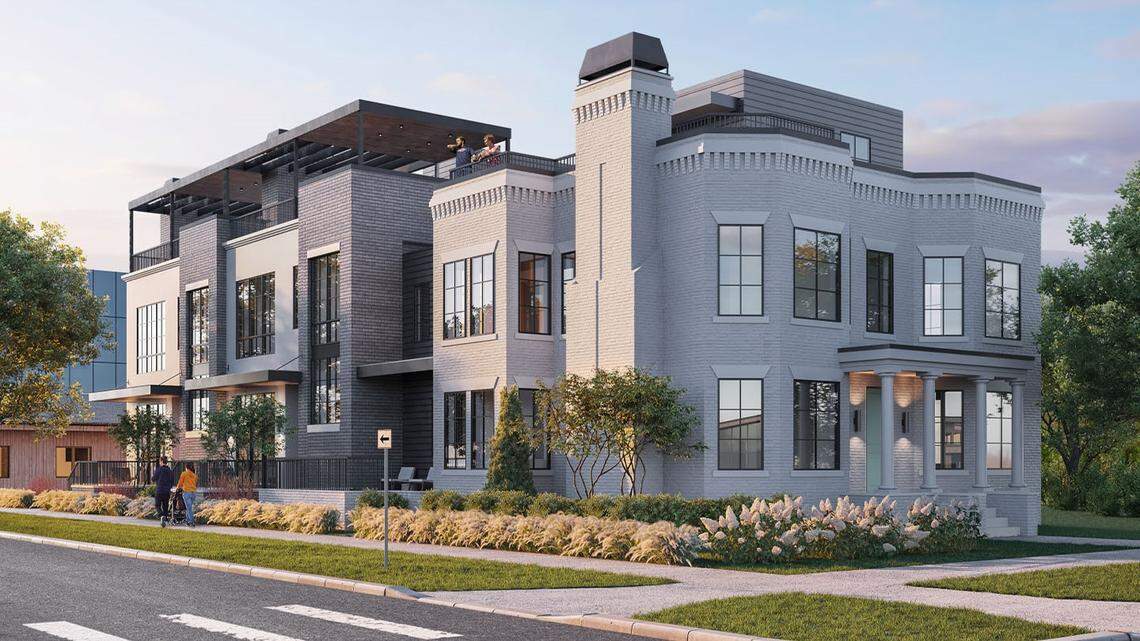 Seventh & Franklin would add a two story building, at right in this south-facing rendering, with a third-floor penthouse, balcony and pool. It would also include two connected brownstone homes, at left, each with a basement, two-car garage and two kitchens, one of which would be on the rooftop terrace.