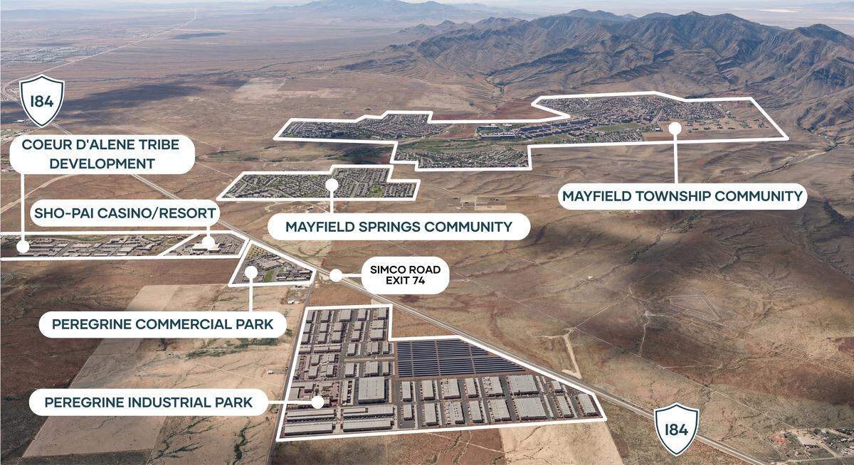 The Peregrine development is intended to bolster amenities for the planned Mayfield Springs and Mayfield Townhomes neighborhoods across Interstate 84 southeast of Boise. Combined, the pair could bring more than 10,000 homes to the once-vacant steppe along the Ada County line.