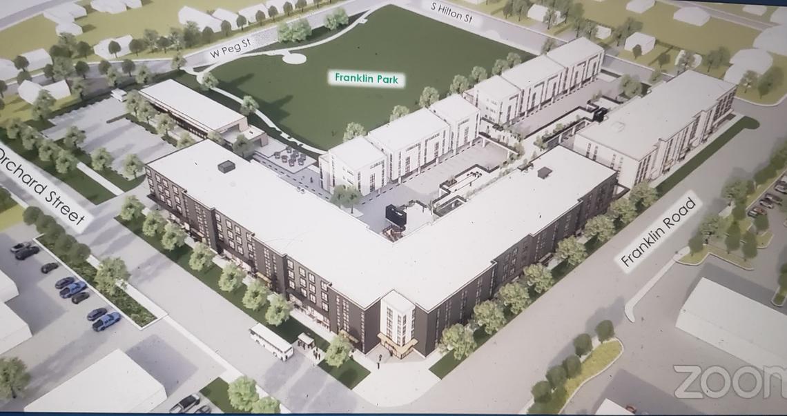 An affordable apartment-condominium complex is planned at the site of the old Franklin School at Orchard and Franklin roads. It would include four buildings, underground parking and an elevated plaza leading to Franklin Park.