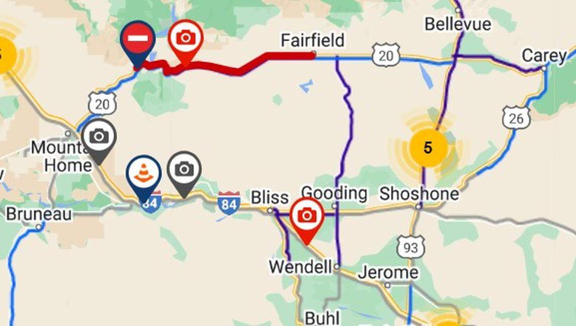 State transportation officials closed all lanes along U.S. Highway 20 from north of Mountain Home to Fairfield because of whiteout conditions Tuesday afternoon.