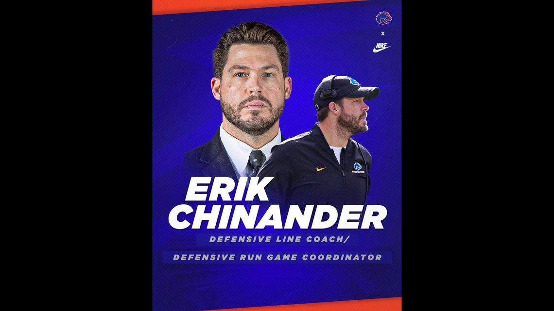 Erik Chinander has been named the defensive line coach and defensive run game coordinator for the Boise State football team.