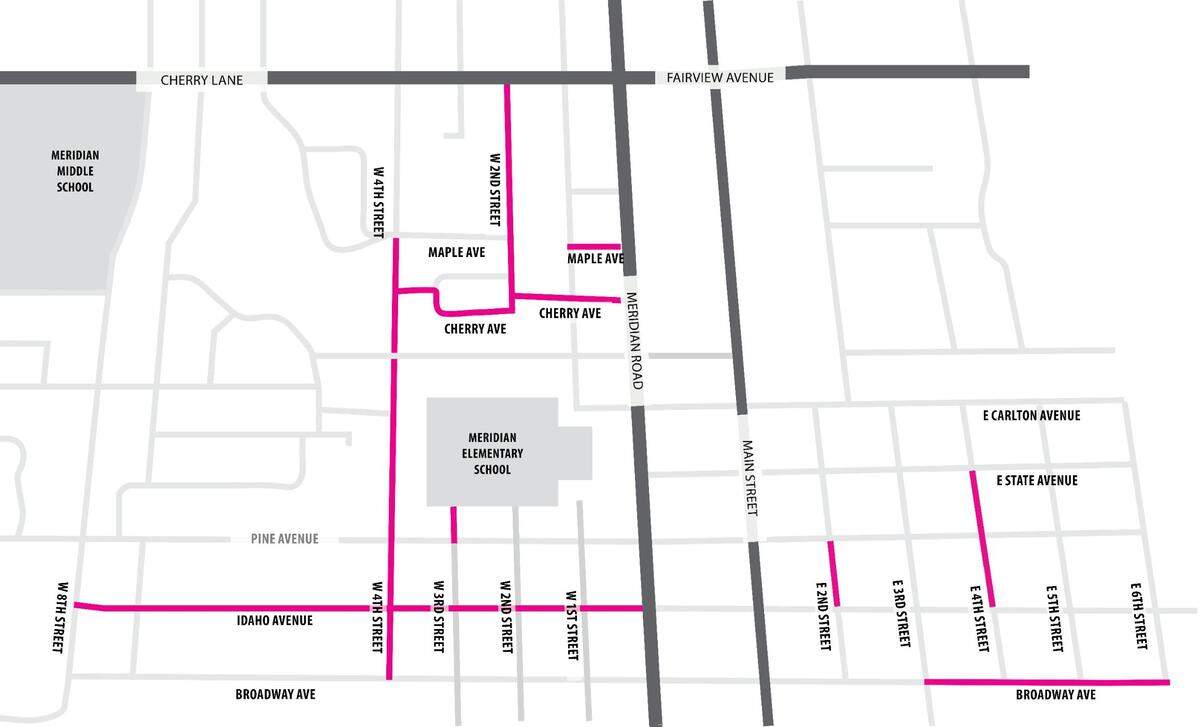 The Ada County Highway District plans to repave and rebuild several Meridian streets adjacent to the downtown core in 2025 as shown highlighted in this map with Meridian Elementary School near the center.