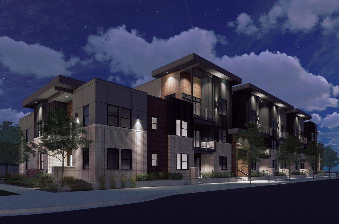 This rendering shows a future view of a three-story town house building at 4340 E. Haystack St. in Southeast Boise’s Harris Ranch neighborhood.
