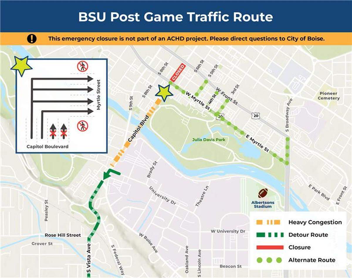 The Ada County Highway District will implement a traffic pattern to manage congestion after the game. 