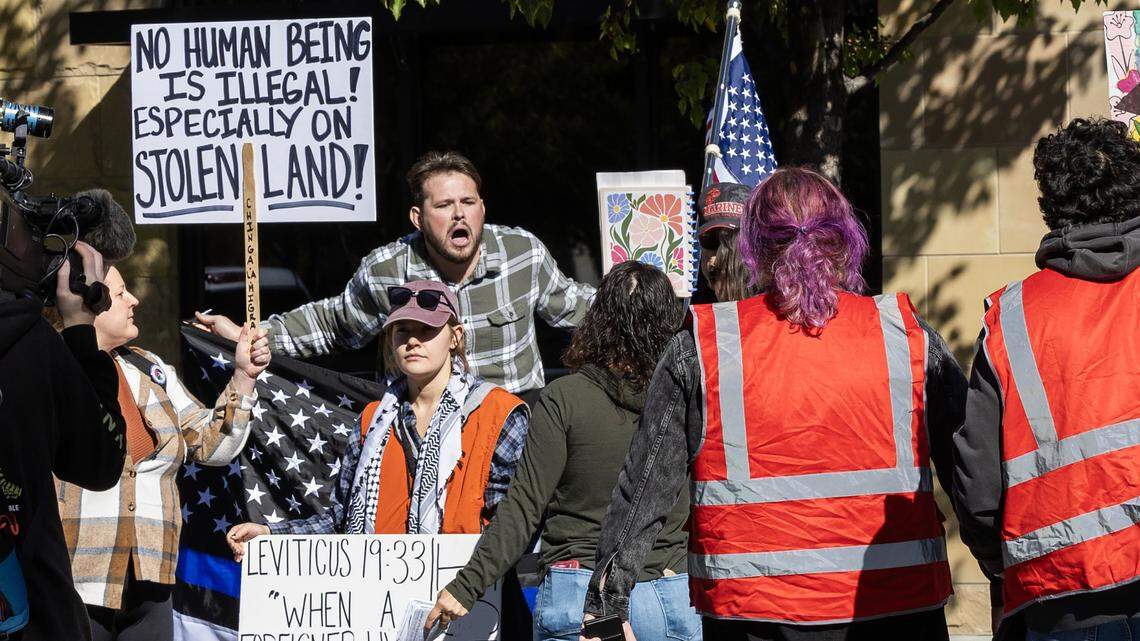 A smaller group of counter protesters heckle and mock people across the street in Justice Park, protesting an ICE/FBI raid in Wilder the previous day. Protesters gathered at the Canyon County Administration Building in Caldwell on Monday where a press conference planned by law enforcement agencies was canceled.