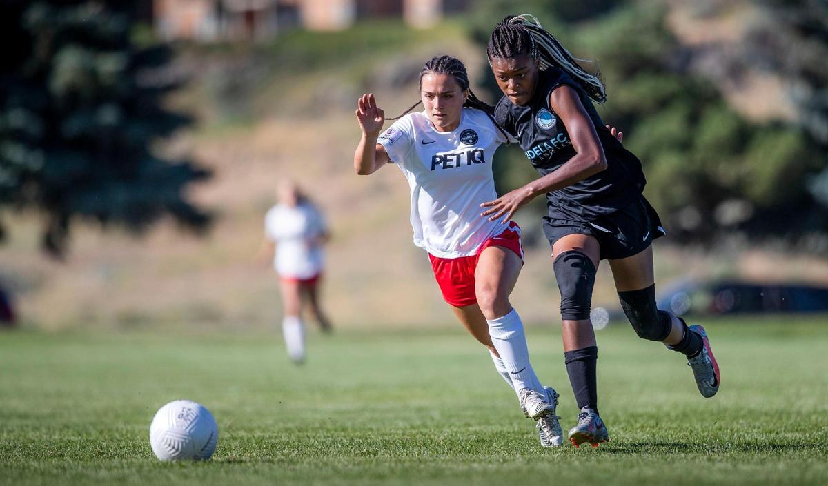Sophia Avalos of the U-16 Boise Thorns girls battles for control of the ball Friday during the quarterfinal round of the U.S. Youth Soccer Far West Regional Championship at Boise’s Simplot Sports Complex.