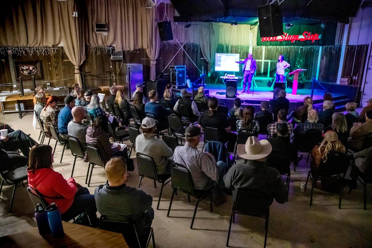 Homeowners in the Mayfield area attend an informational meeting at The Stage Stop off Interstate 84 on Tuesday, March 3. Representatives from the developer of Mayfield Springs, a proposed 2,300-unit development at the border of Elmore and Ada County, offer an overview of the project to residents wanting to preserve their isolated high desert lifestyle.