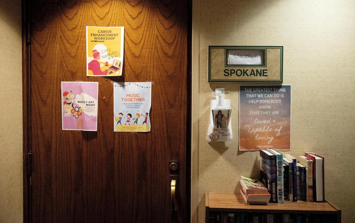 A door leads to a room for programs for children of Interfaith Sanctuary families who are living in a Boise hotel. The children participate in things like art class and organized games.