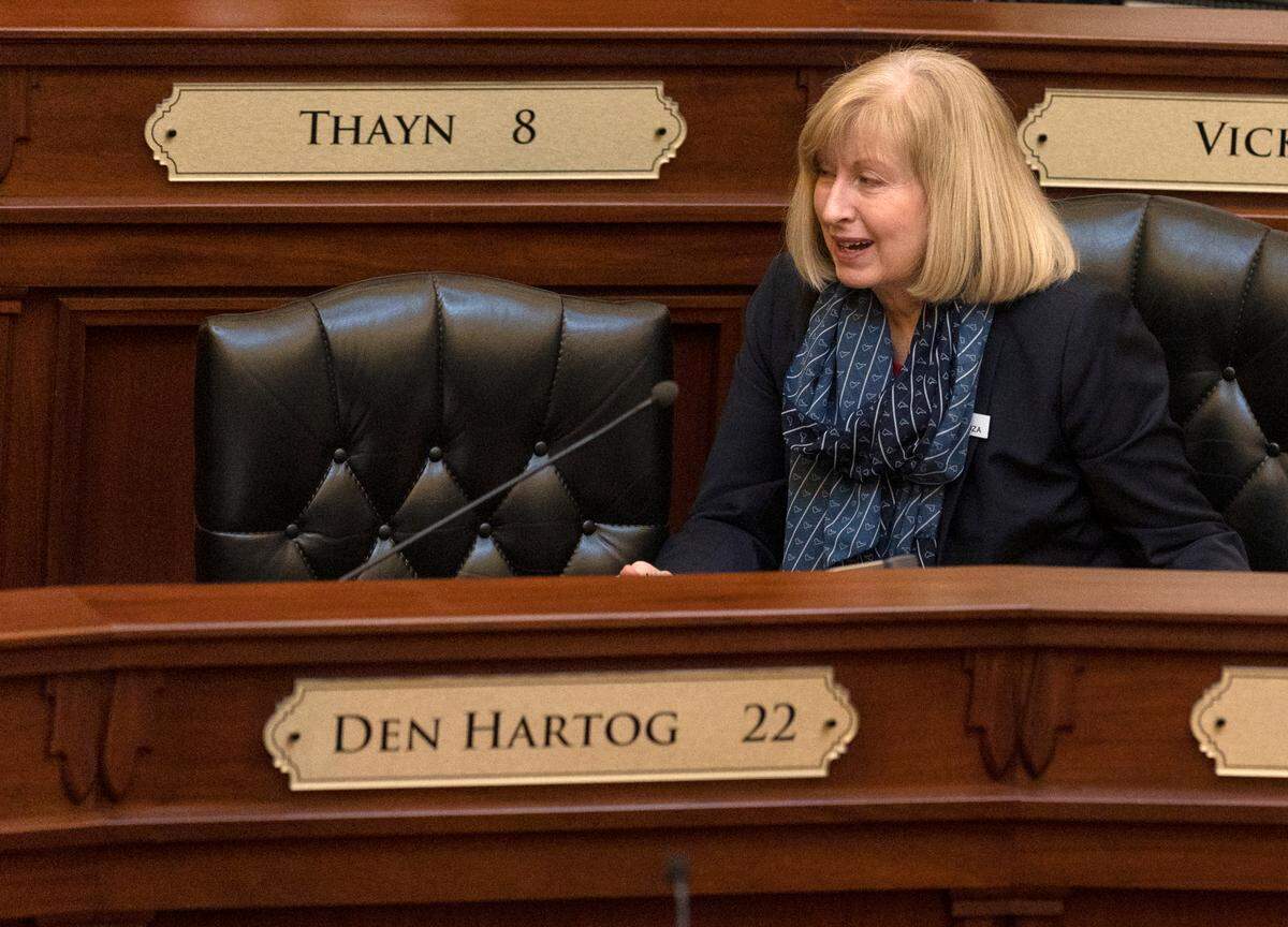 Sen. Mary Souza, R-Coeur d’Alene, attends the Senate session on Wednesday, March 16, 2022.