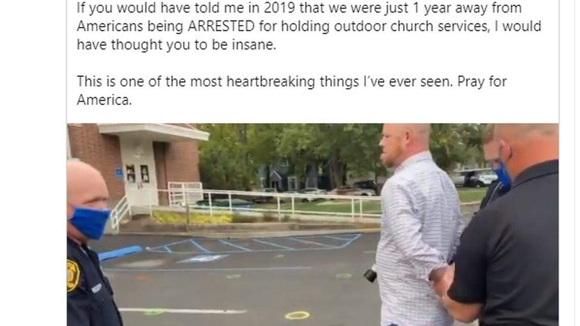 President Donald Trump retweeted with comment a tweet that shared a video of a Moscow, Idaho, man being arrested. The tweet said this happened at a church service. It was actually an anti-mask protest.