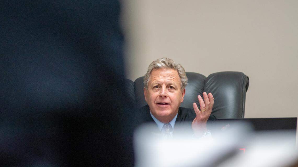 Judge John Judge of Idaho’s 2nd Judicial District in Latah County responds to an oral argument during a hearing to overturn the grand jury indictment of Bryan Kohberger, who is accused of killing four University of Idaho students, on Oct. 26, 2023, in Moscow, Idaho.