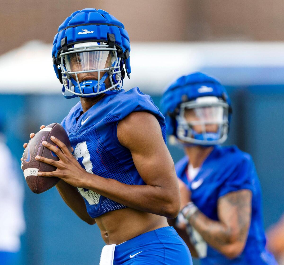 Boise State quarterback Taylen Green runs drills at the Broncos’ first day of fall camp.