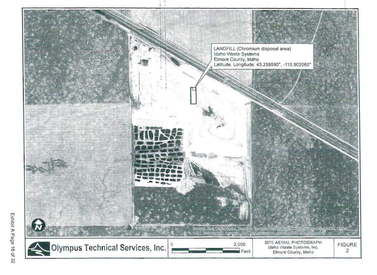 This image, from a report commissioned by Idaho Waste Systems, shows a satellite view of the company’s Elmore County landfill and the section where chromium waste was buried in early 2017.