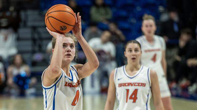 Boise State forward Tatum Thompson shoots a free throw in the Broncos' Mountain West women's basketball game against San Diego State in a at ExtraMile Arena in Boise, Wednesday, Feb. 25, 2026.