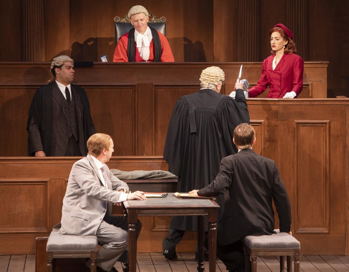 At issue is the murder weapon as senior counsel Sir Wilfrid Robarts, QC (Aled Davies), defending the accused, picks apart the testimony of Romaine Vole (Jodi Dominick) in the Idaho Shakespeare Festival performance of Agatha Christie’s “Witness for the Prosecution.”