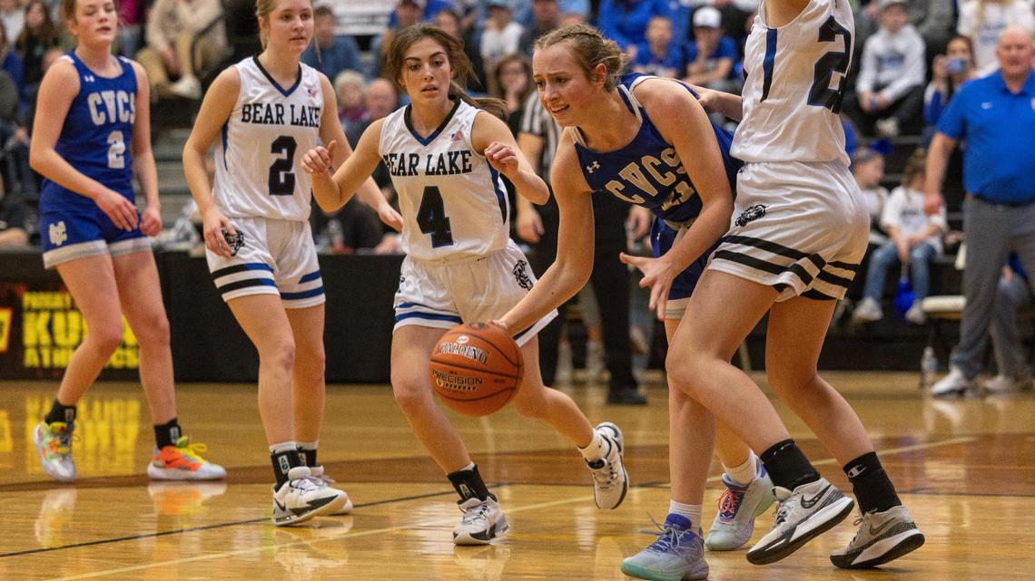Cole Valley Christian senior Ashleigh Oates controls the ball in the first half of their game against Bear Lake in the 2A state tournament semifinals Friday at Kuna High School.