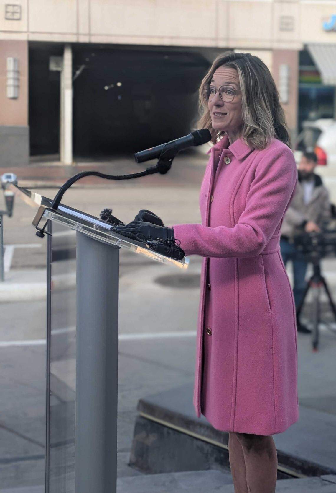 Boise Mayor Lauren McLean talks about the Pride flag during a press conference.