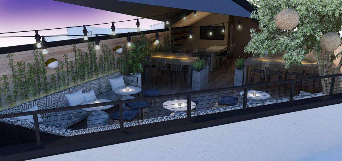 An architectural rendering of the rooftop terrace at Crave, which normally would seat about 50. With social distancing, “you’re looking at somewhere around 25,” co-owner Derek Hood says.