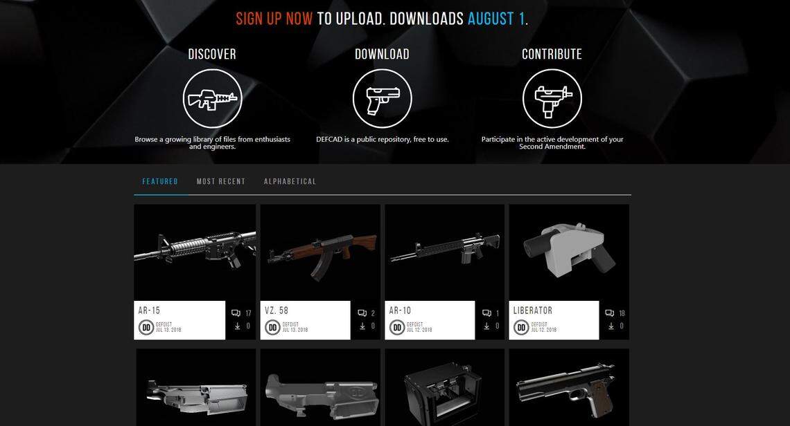 This screenshot from defcad.com shows some of Defense Distributed’s library of patterns for printing guns.