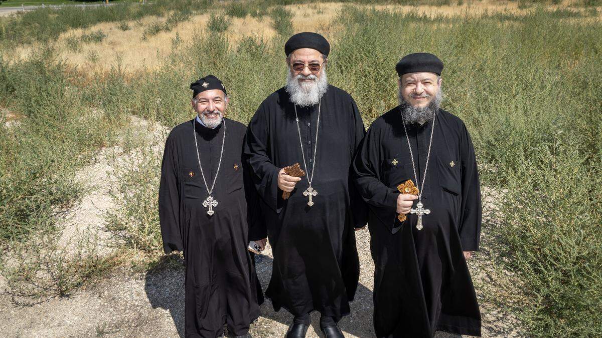 Board President Fr. Mina Salama, right, is overseeing the building of the Virgin Mary and Saint Mark Coptic Orthodox Church on property acquired on N. Locust Grove Road in Meridian. Photographed with him at the site are Dr. Nader Fafla, vice president, left, and Fr. Antonious Baky, Vicar of the Coptic Orthodox Archdiocese of North California and Western United States of America.