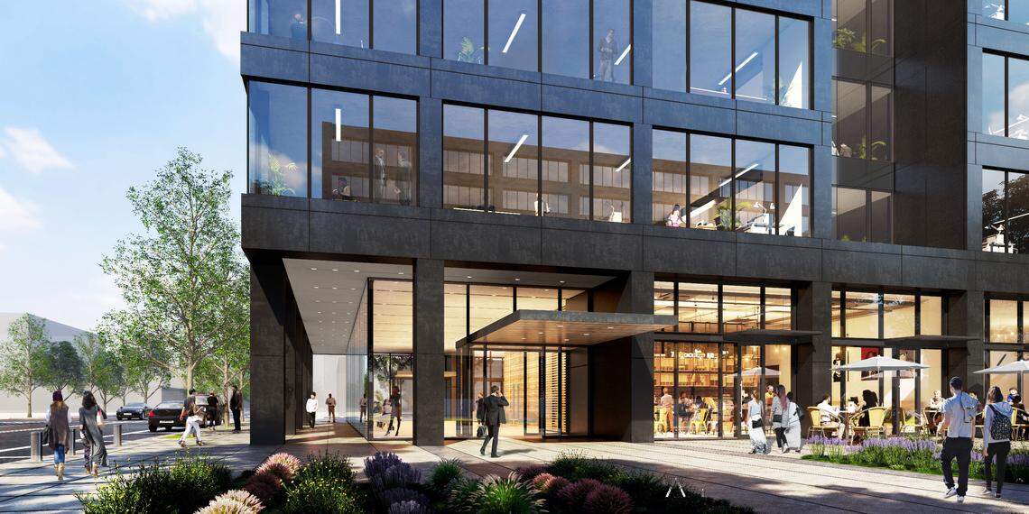 This artist’s rendering shows one of the entrances on the north side of the proposed 10-story office building planned for 11th and Idaho streets. Eleventh Street is at left. A reflection in the windows shows the Boise Plaza building across the street to the north.